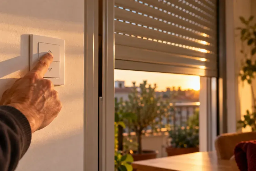 Mano pulsando el interruptor de pared de una persiana eléctrica a media altura
