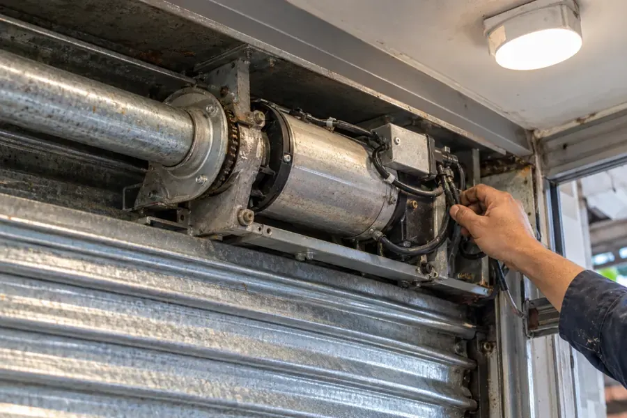 Técnico revisando la conexión del motor de un cierre metálico sobre un escaparate
