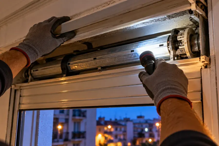 Técnico abriendo el cajón de una persiana atascada para liberar el eje