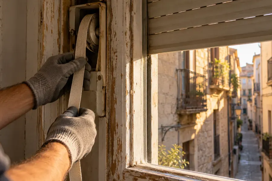 Manos de un técnico cambiando la cinta del recogedor de una persiana junto a una ventana que da a una calle estrecha